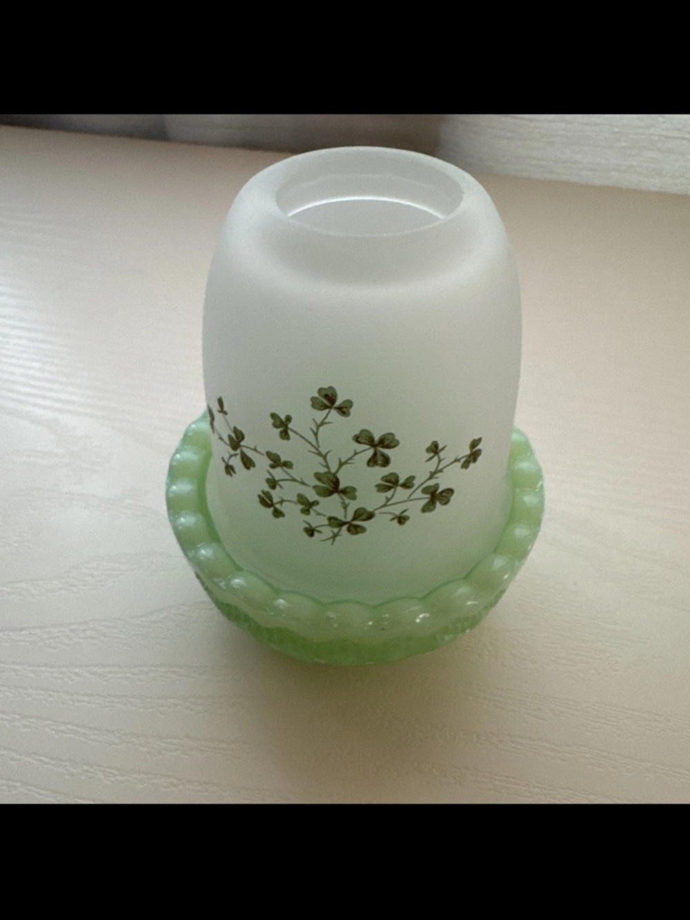 Fairy Lamp White Milk Glass Votive with Green Clover Motif